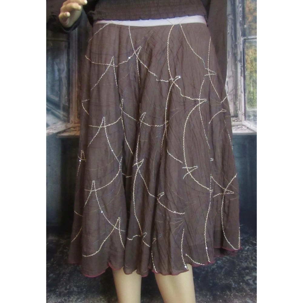 $330 Anthropologie Burning Torch Brown Twirl Sequin Embroidered‎ Skirt 8/Medium